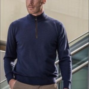 Men's Navy Zip-Up Sweater - Classic Mock Neck